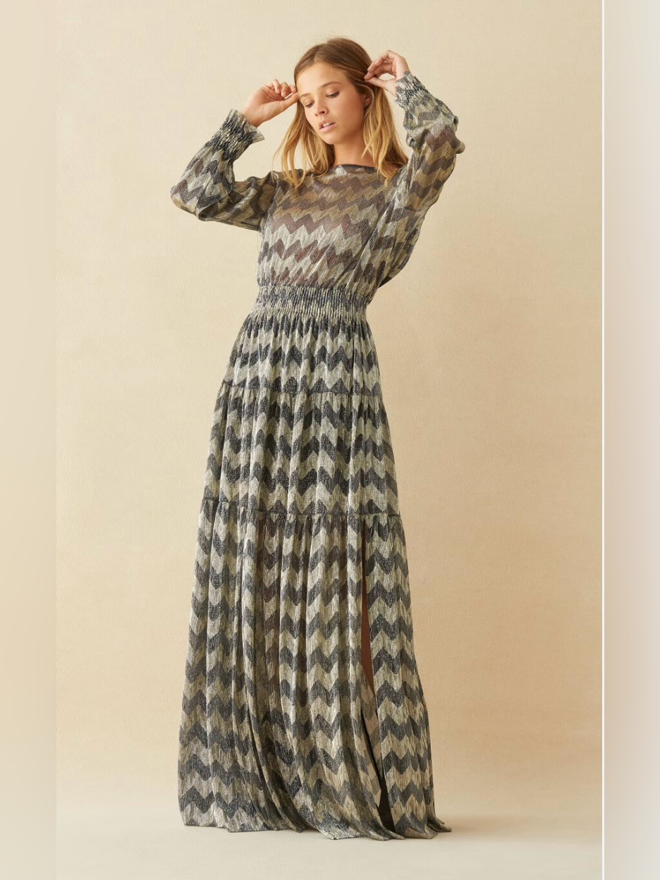 Ba&Sh Grey Metallic Zigzag Maxi Dress Low-Cut Back Sz 2 Medium